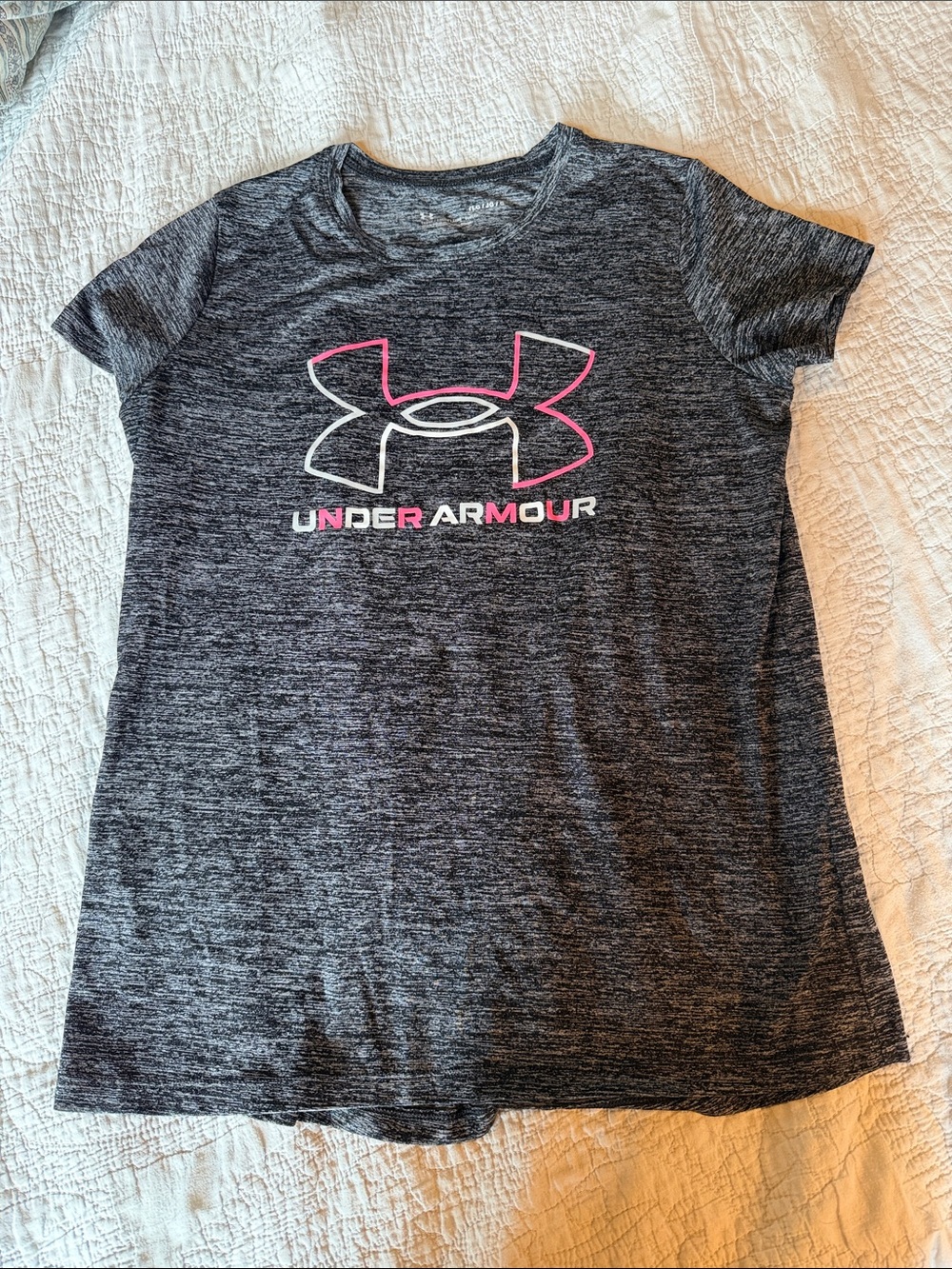Under Armour Girls Heather Gray Tee with Pink Logo Outline